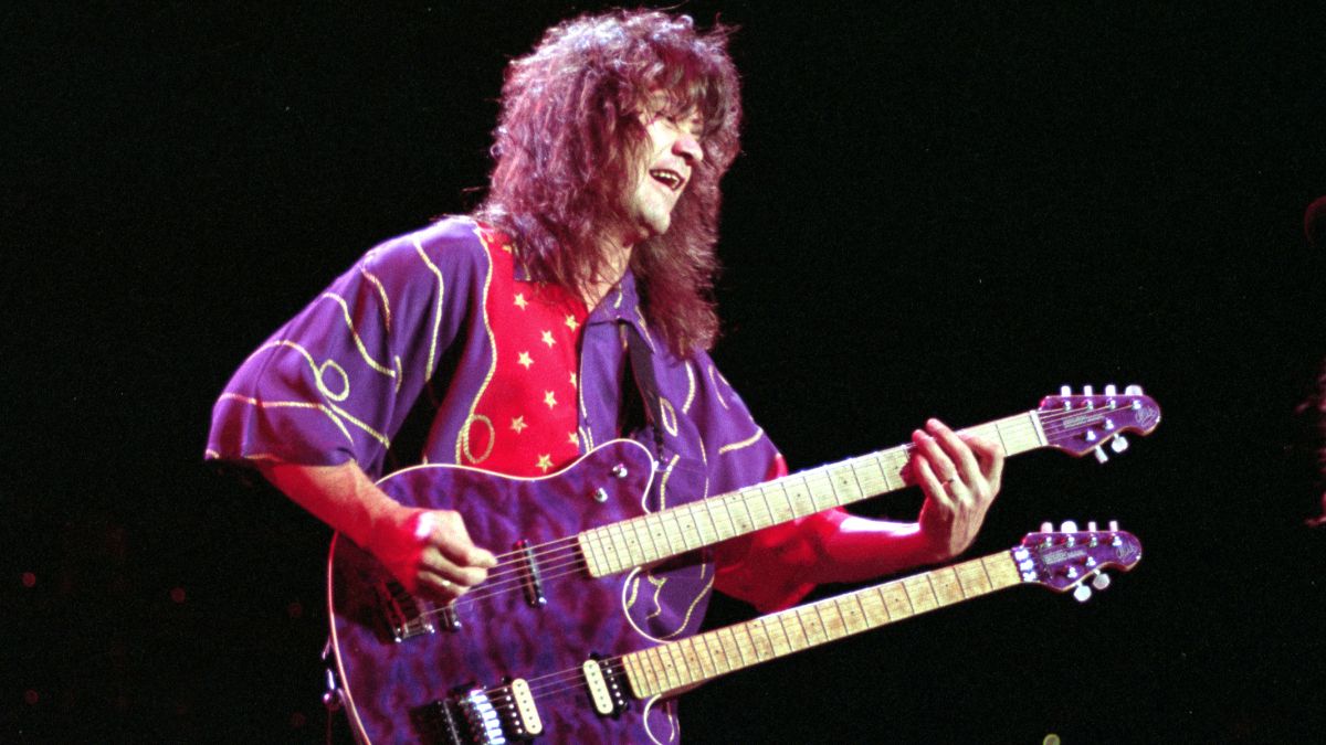Eddie Van Halen of Van Halen performs at Shoreline Amphitheatre on September 13, 1991 in Mountain View California.
