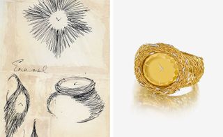 Left, Andrew Grima’s sketches for the ’About Time’ series of watches, made in collaboration with Omega. Right, ’About Time’ gold watch with tourmaline-covered dial