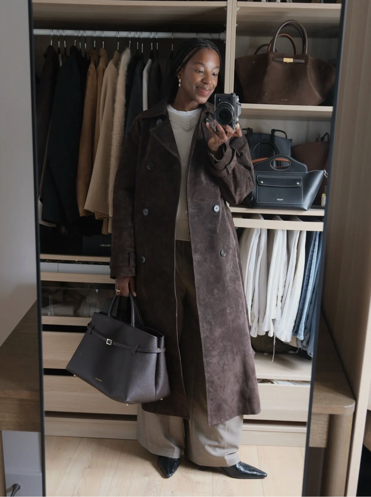 @taffymsipa brown suede trench coat