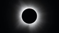 A black circle against a black background surrounded by white wispy tendrils