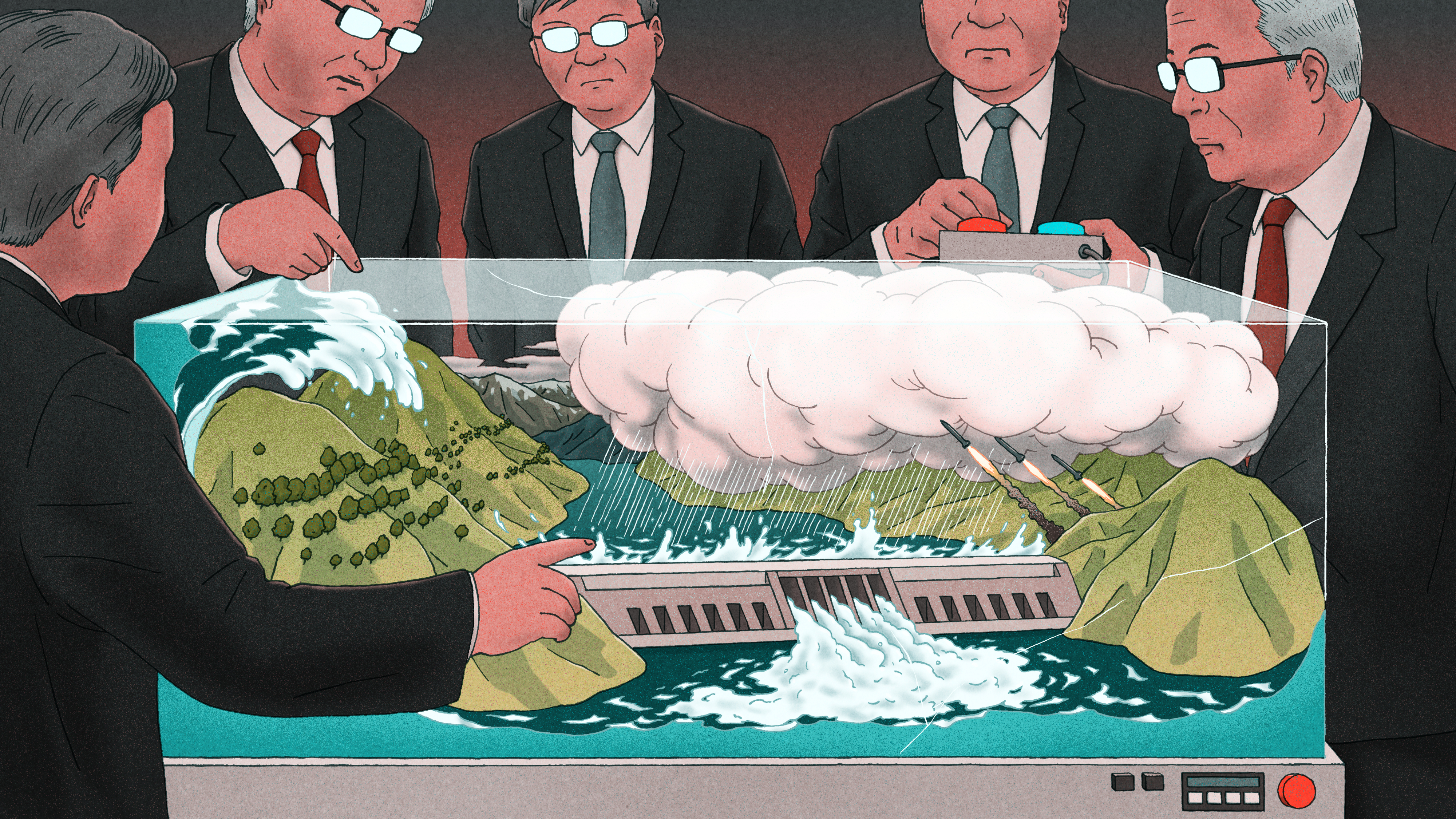 illustration of Chinese officials manipulating the weather and water over a dam in China