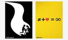 Black and white and poster with silhouette of a child and a yellow poster with black and red symbols 