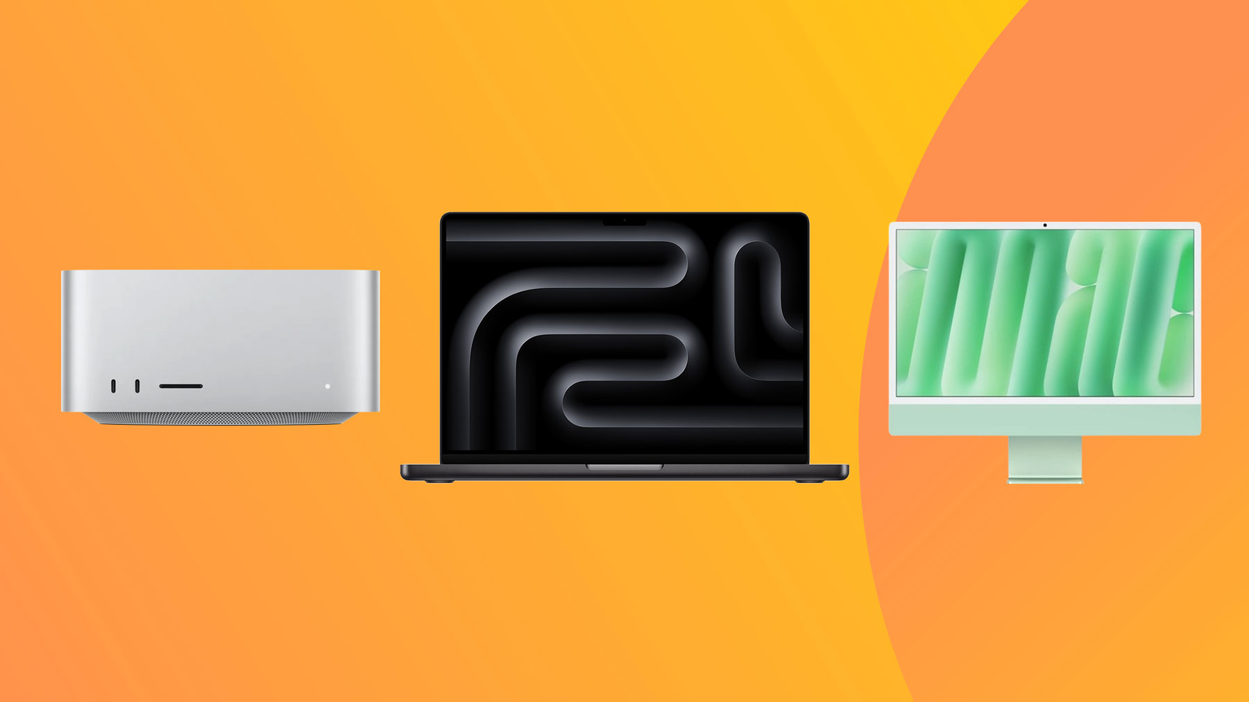 Macbook next to mac studio next to imac