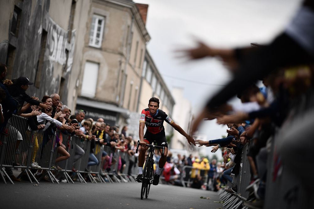 Greg Van Avermaet rides toward the stage at the 2018 Tour de France team presentation