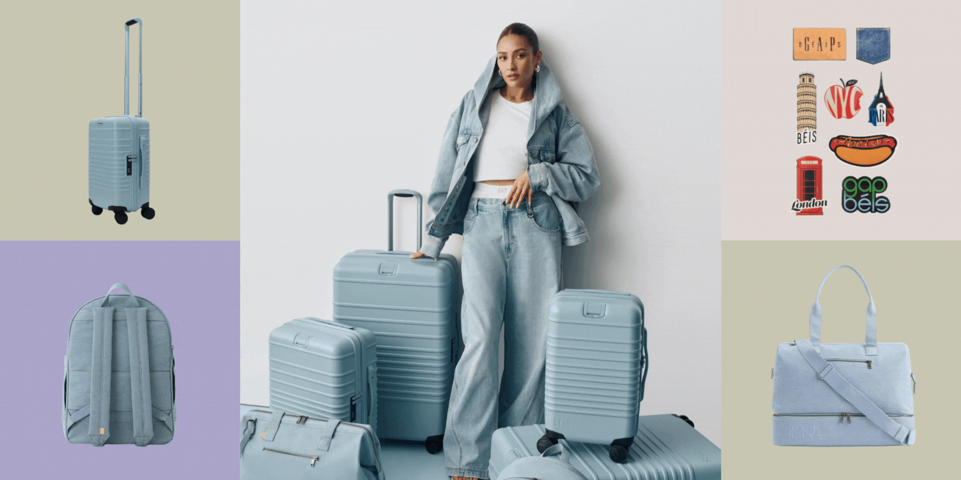 A rotating gif showcasing a series of travel essentials in denim blue in square boxes, with another, larger box of the same shape in the center where a fashion shot of a model surrounded by them and a close-up of the items alternate.