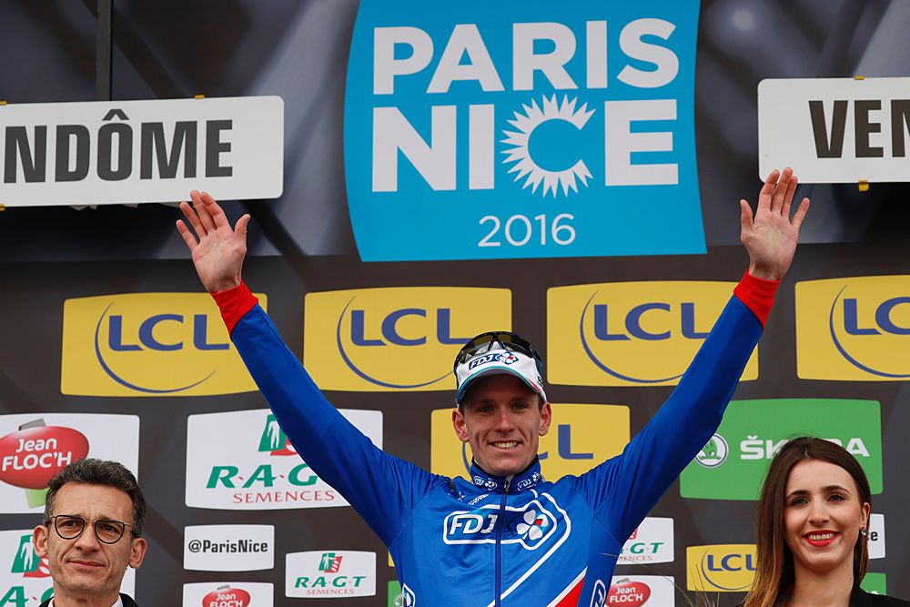 Arnaud D&eacute;mare (FDJ) celebrates his stage 1 victory at Paris-Nice