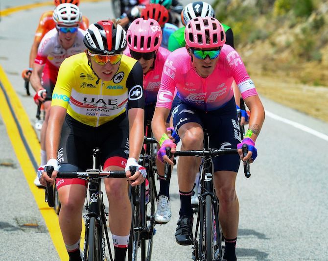 Race leader Tadej Pogacar (UAE Team Emirates) rides alongside former race leader Tejay van Garderen (EF Education First) on stage 7 of the 2019 Tour of California