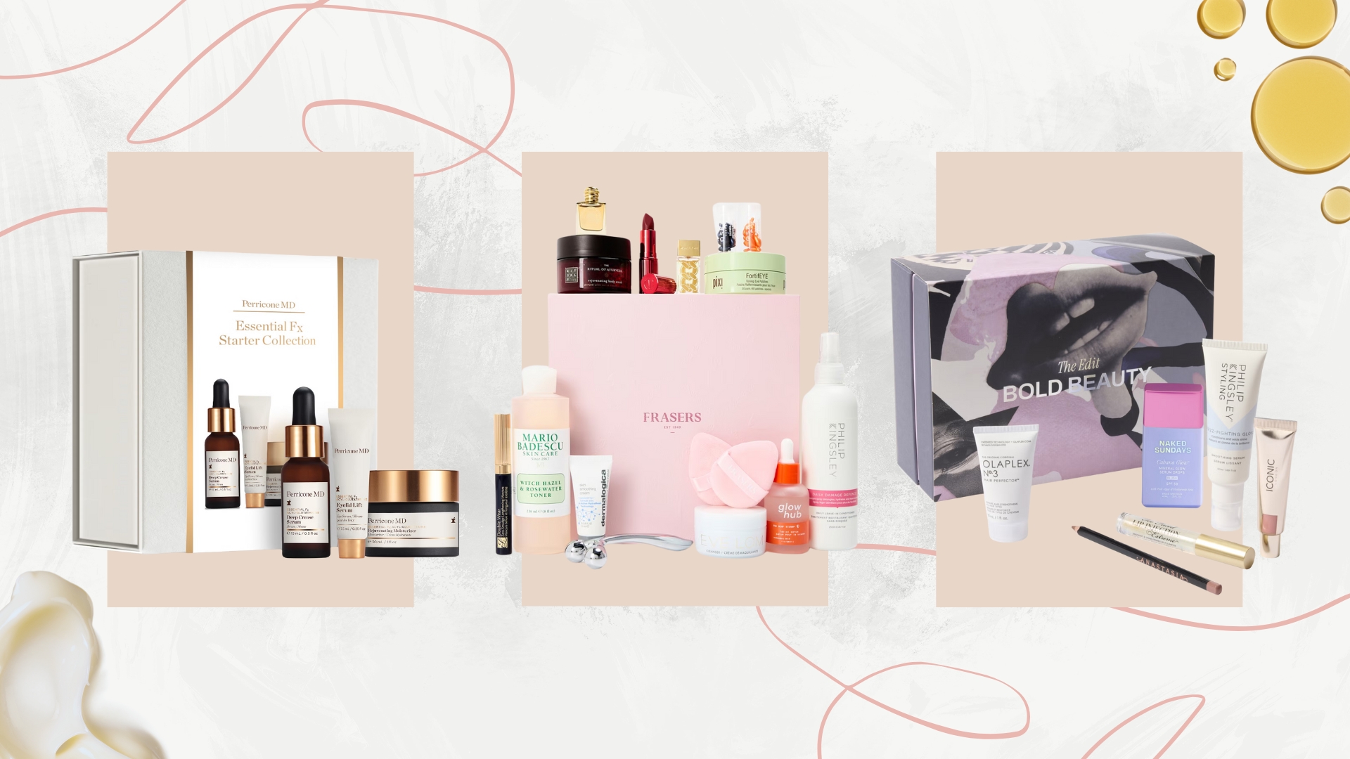 Collage of beauty boxes (L-R) from Perricone MD, Frasers and Cult Beauty on a white marble background with beige boxes and light pink swirls, oil and cream swatches