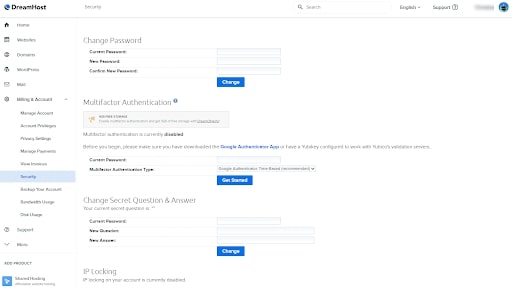 DreamHost's user interface with security and authentication settings menu