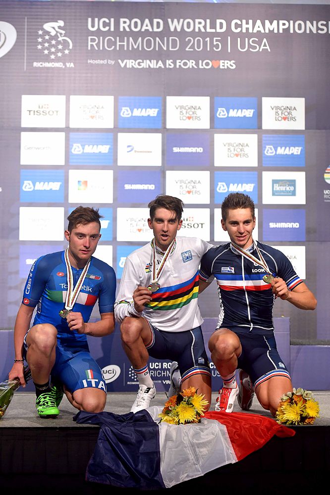 U23 road race podium l-r: Simone Consonni (Italy), Kevin Ledanois (France), Anthony Turgis (France)