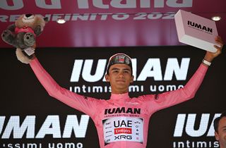 SIENA ITALY MAY 18 Isaac Del Toro of Mexico and Team UAE Team Emirates XRG celebrates at podium as Pink Leader Jersey winner during the 108th Giro dItalia 2025 Stage 9 a 181km stage from Gubbio to Siena UCIWT on May 18 2025 in Siena Italy Photo by Tim de WaeleGetty Images