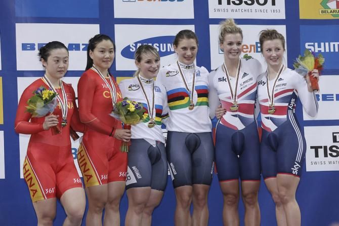 Women's team sprint world championship podium (L-R): China, 2nd; Germany, 1st; Great Britain, 3rd
