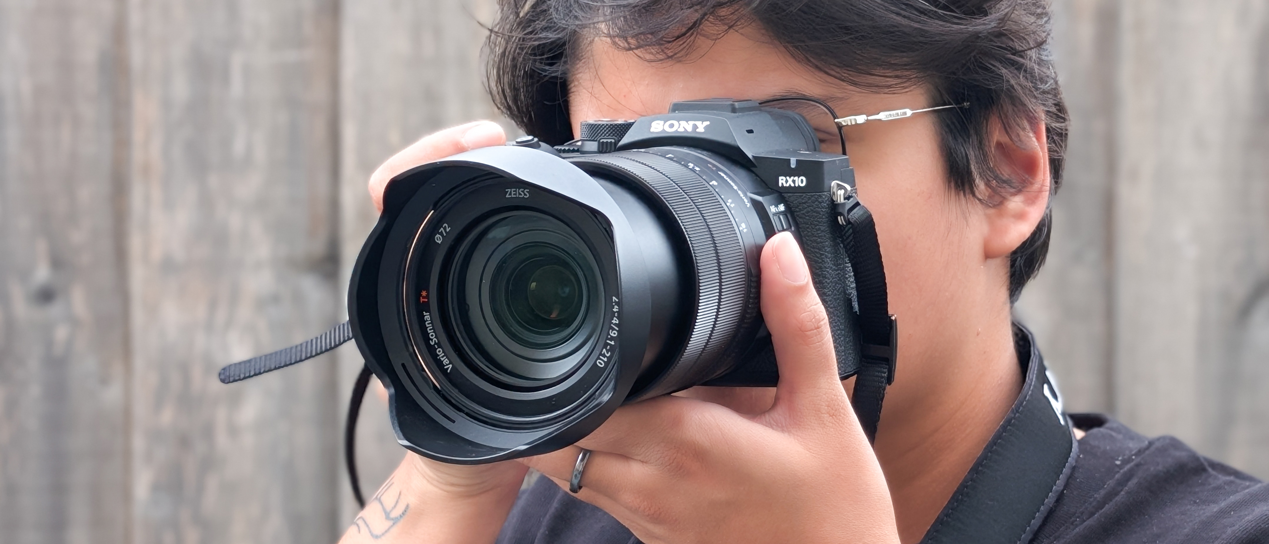 A black Sony RX10 V bridge camera