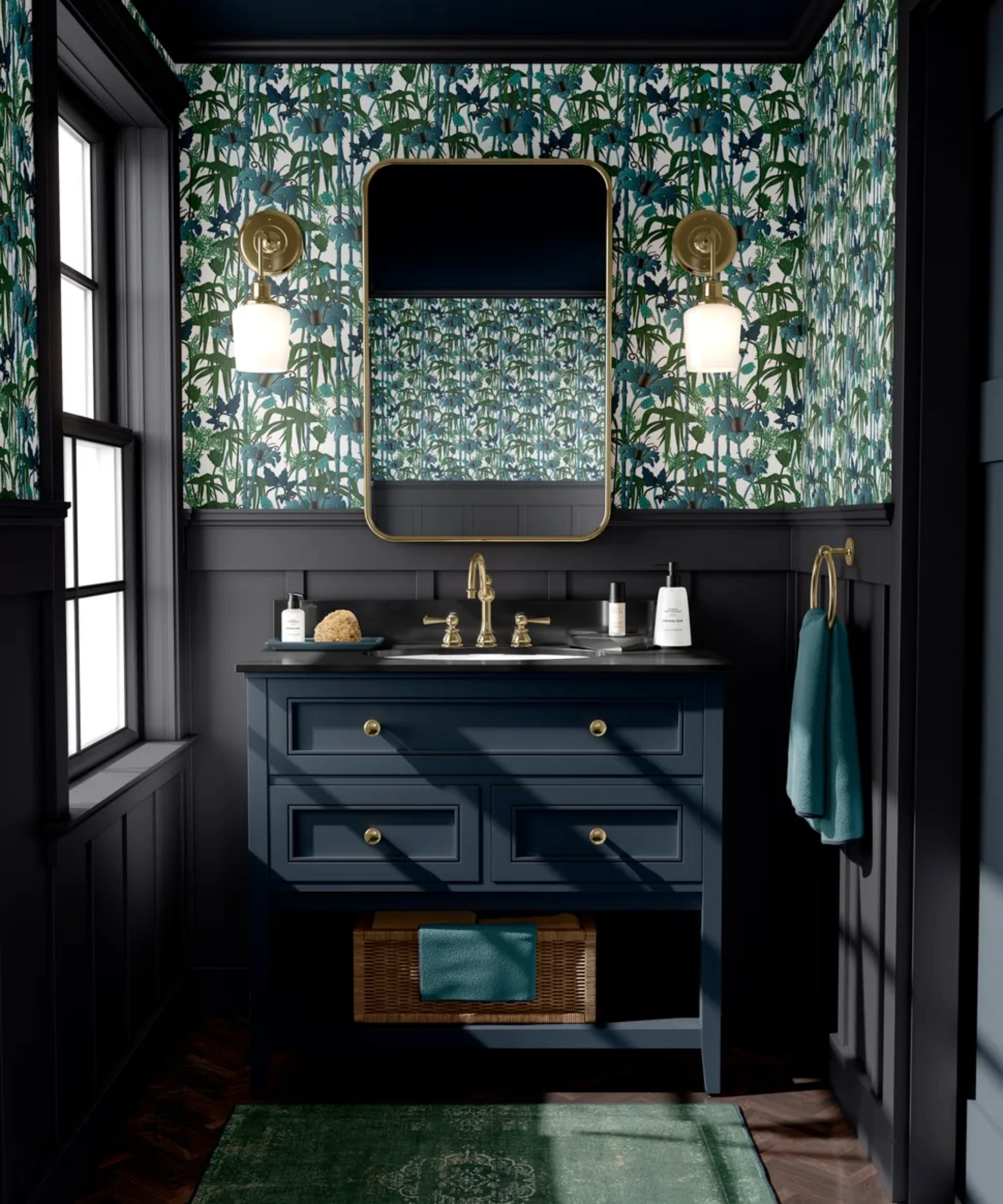 bathroom vanity with wallpaper and large gold frame mirror