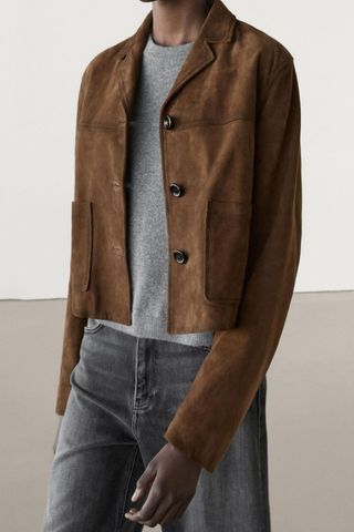 Massimo Dutti Short Suede Leather Jacket with Pocket Detail