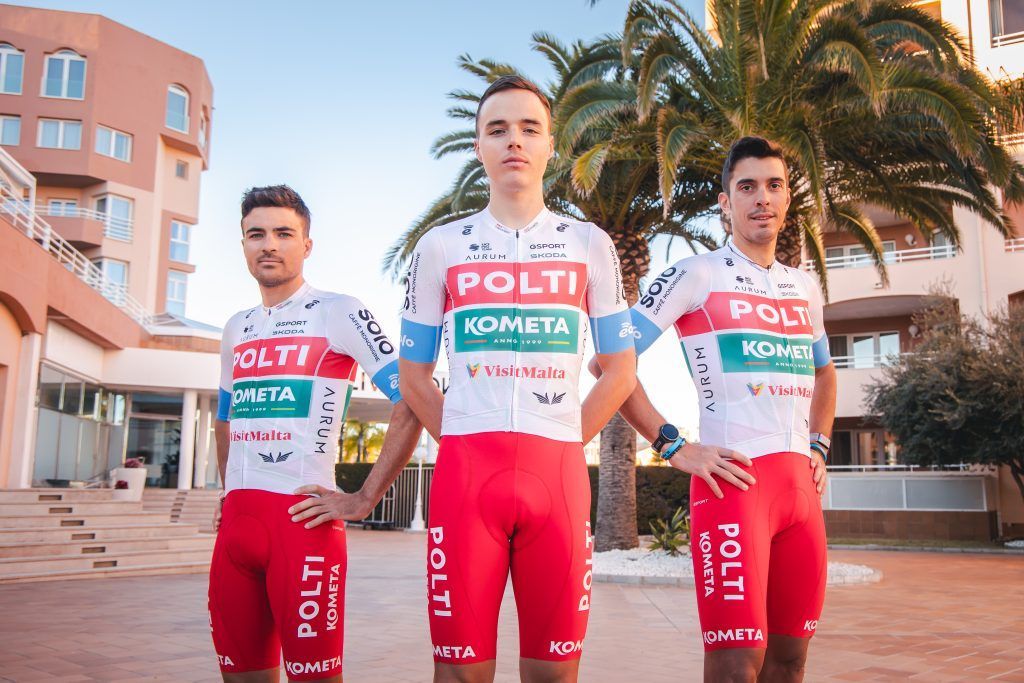 The riders shoe off the 2024 Team Polti-Kometa racing kit