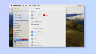 A screenshot of the System Settings on Mac, with red arrows pointing at General and at Software Update. 