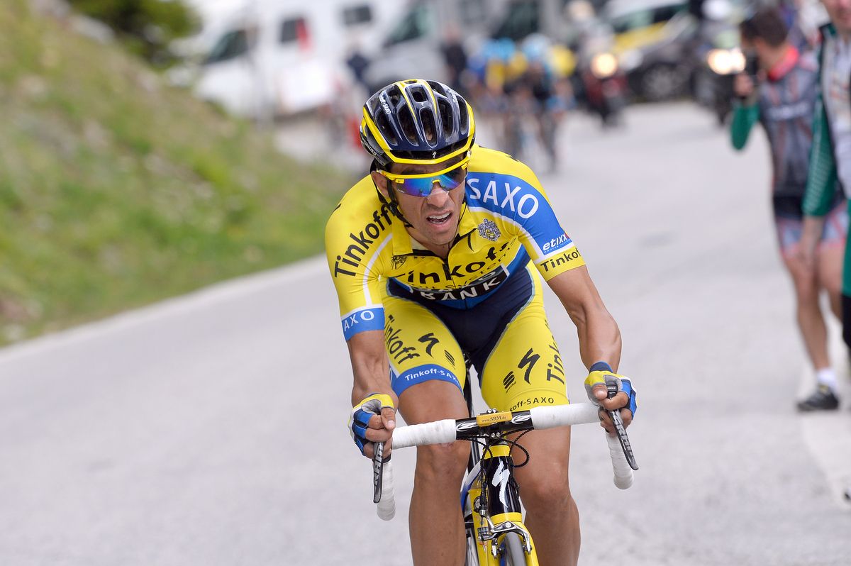 Alberto Contador attacks on the road to the Finhaut - Emosson stage finish at the 2014 Crit&eacute;rium du Dauphin&eacute;