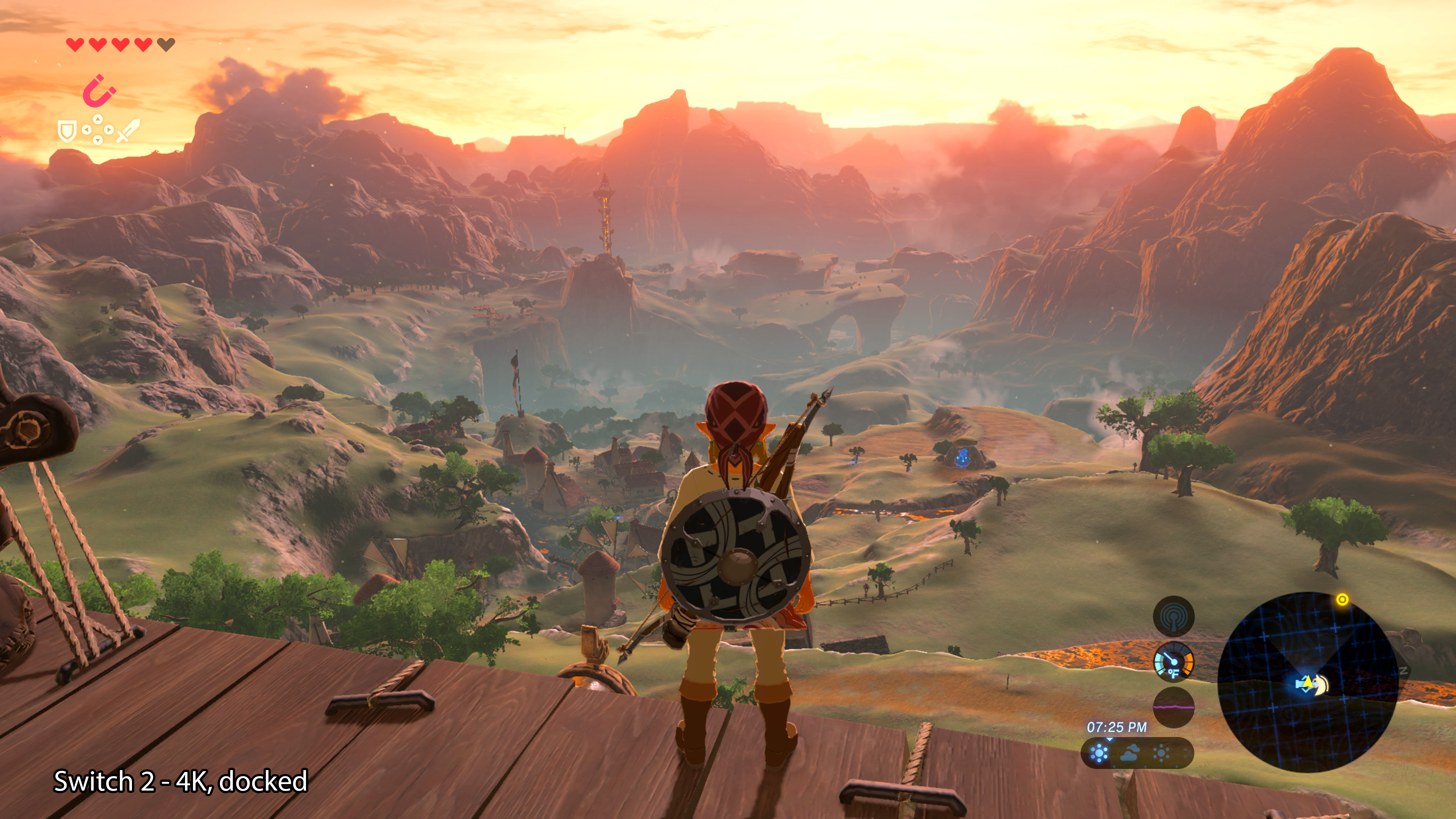 A view of a Hyrule sunset in The Legend of Zelda: Breath of the Wild on the Nintendo Switch 2