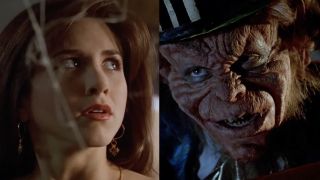 Jennifer Aniston, in a bright red lipstick, looks past cobwebs, The Leprechaun, as played by Warwick Davis, looking threatening in the 1993 horror cult classic.