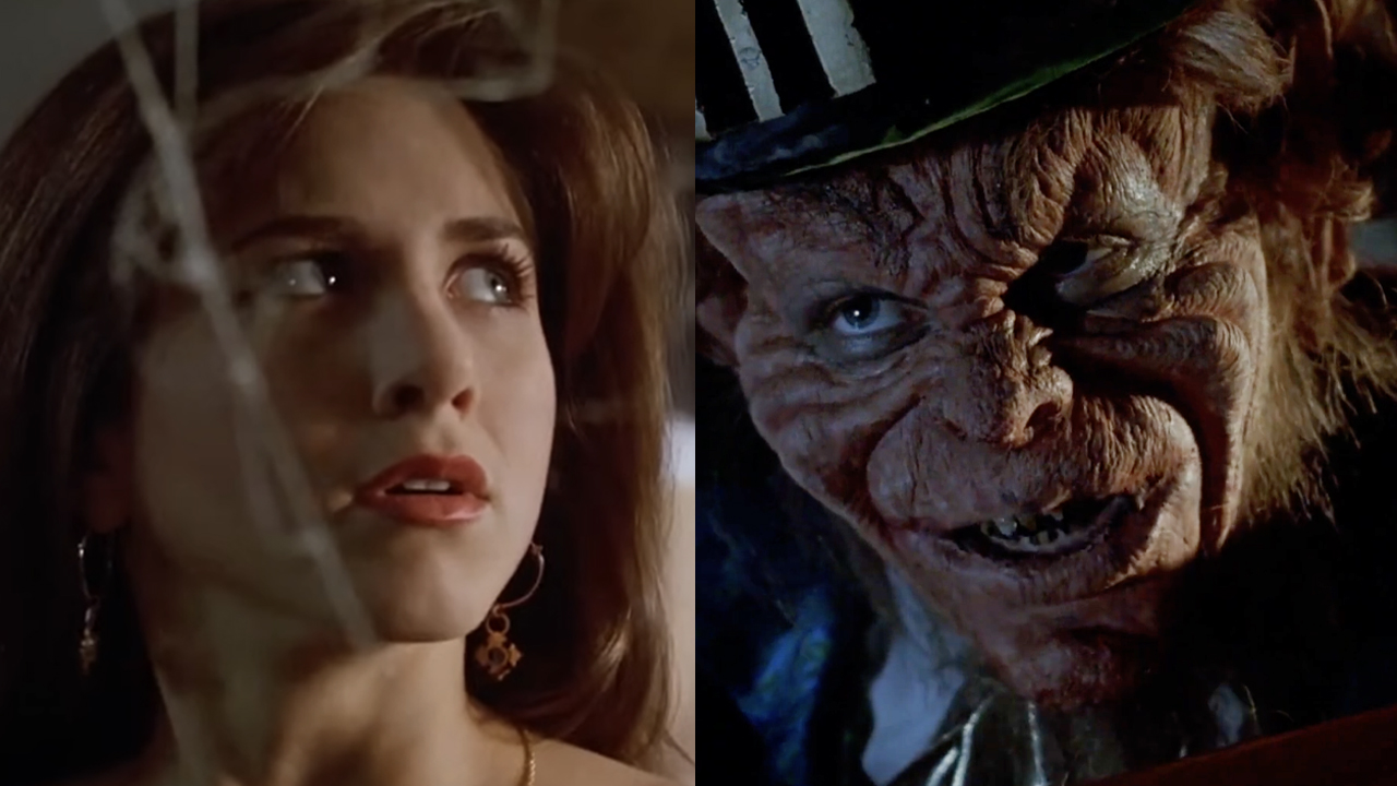 Jennifer Aniston, in a bright red lipstick, looks past cobwebs, The Leprechaun, as played by Warwick Davis, looking threatening in the 1993 horror cult classic.