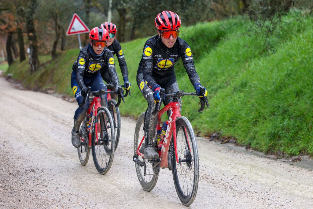 Lidl-Trek recon Strade Bianche course under rainy showers