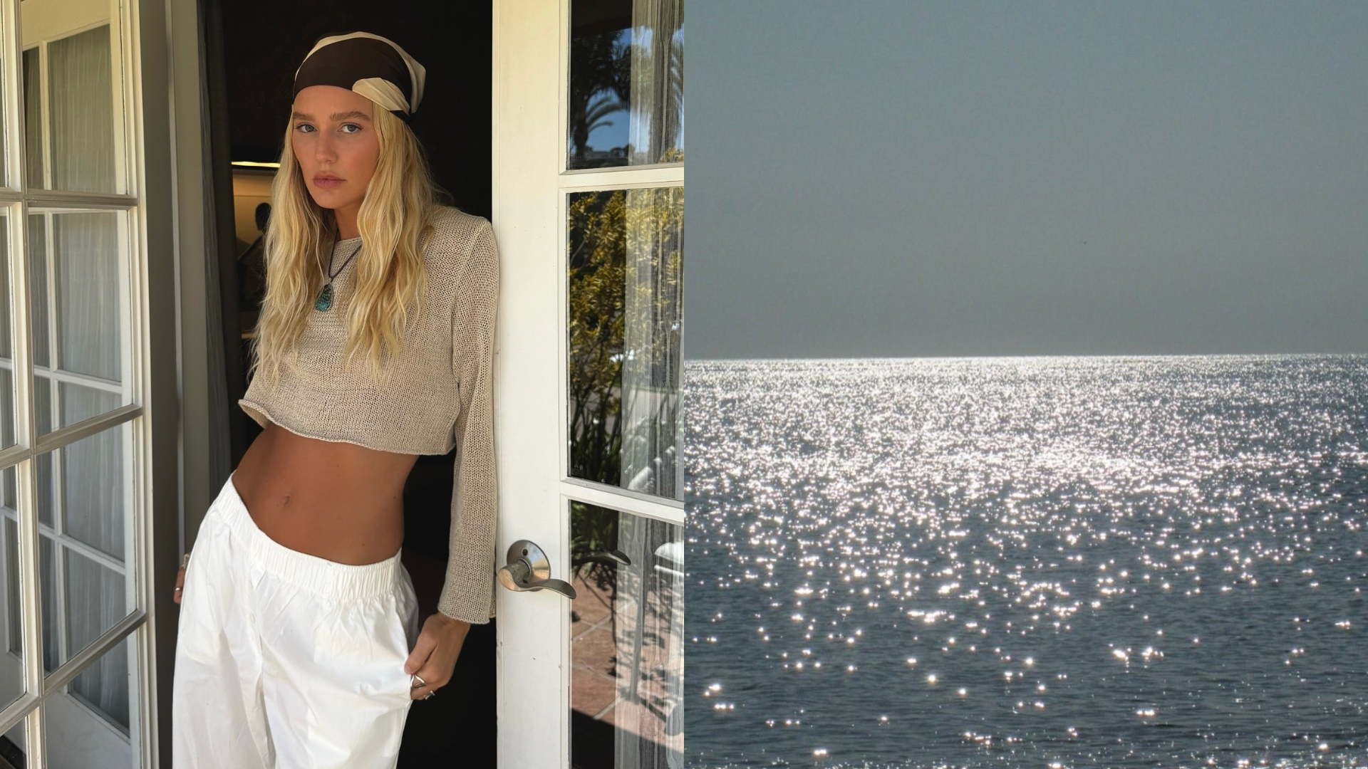 Collage of @meganadelaide wearing a beachy outfit and the ocean.