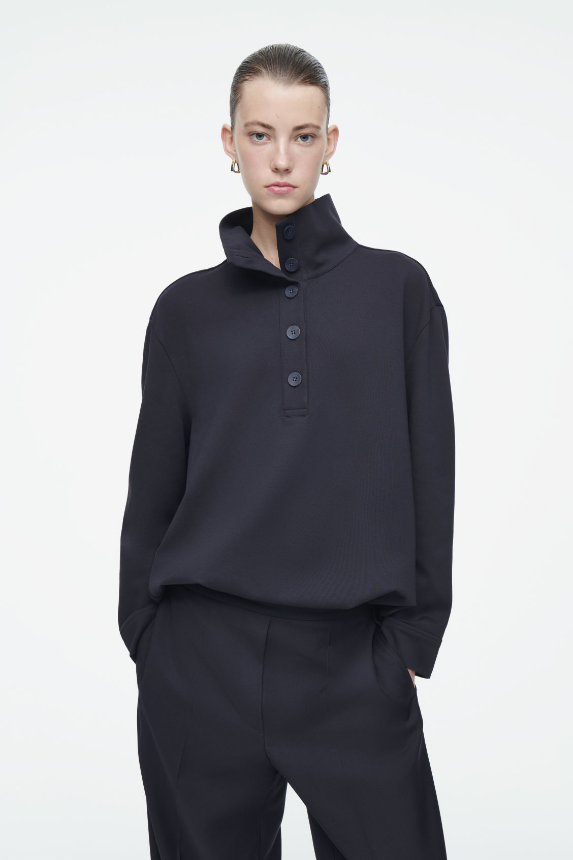 Buttoned Funnel-Neck Top