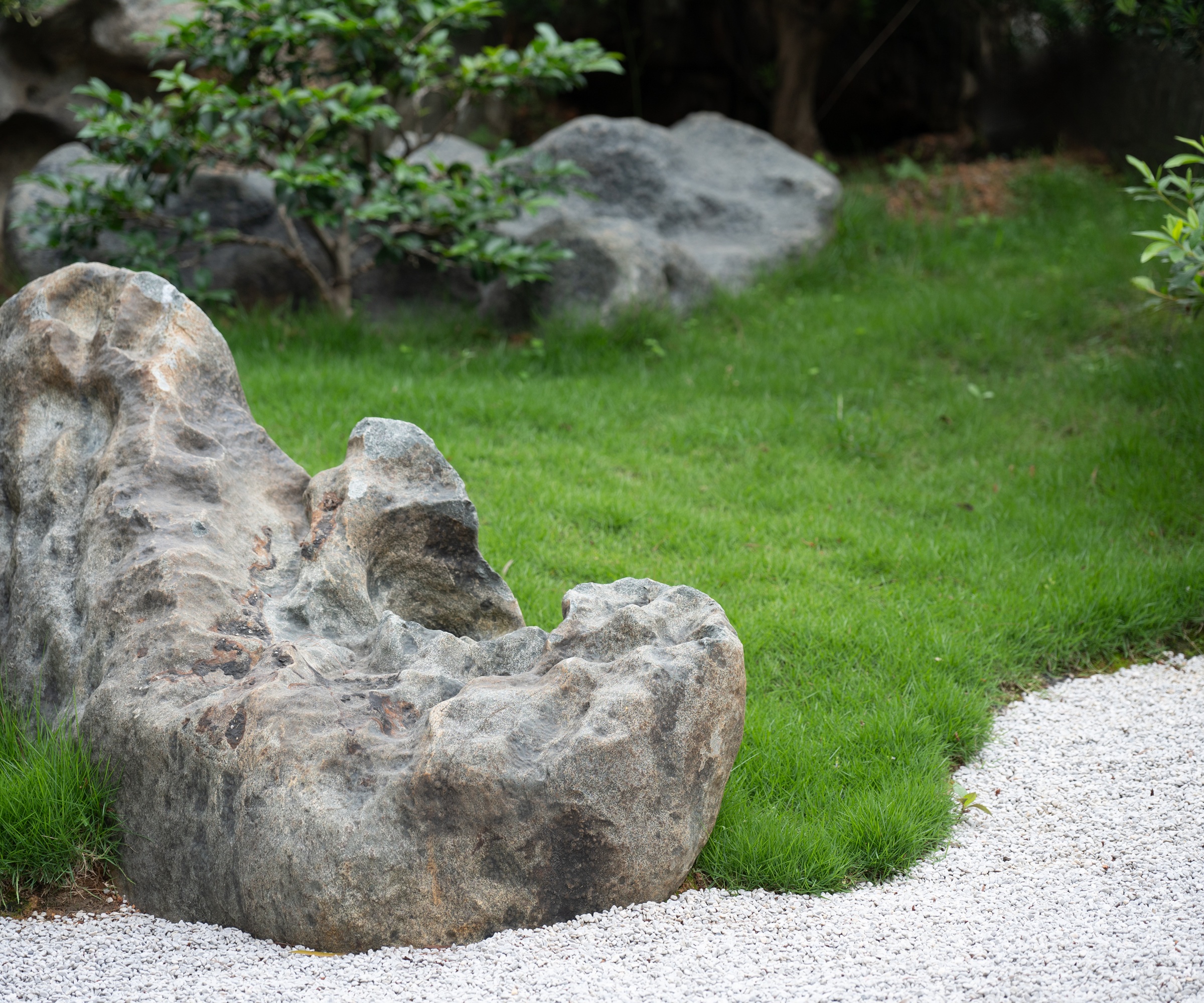 Stone boulders, gravel, long grass