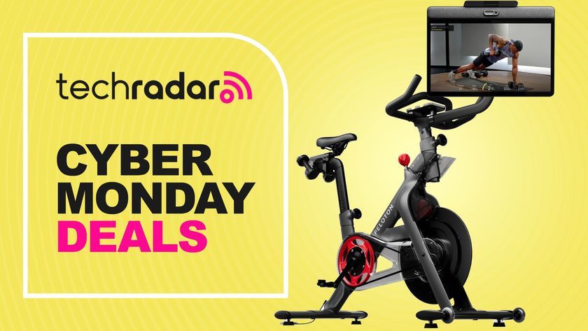 Peloton bike with cyber Monday iconography