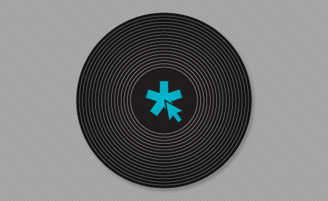 A vinyl disk-like image with a blue star and click arror in the center, with a grey background