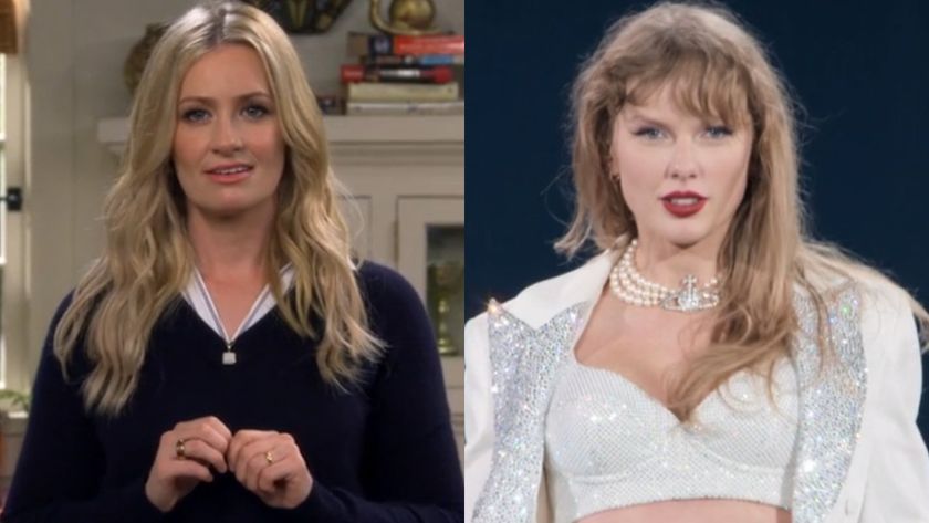 From L to R: Beth Behrs as Gemma Johnson in The Neighborhood, Taylor Swift performing I Can Do It With a Broken Heart on Taylor Swift: The Eras Tour - The Final Show.