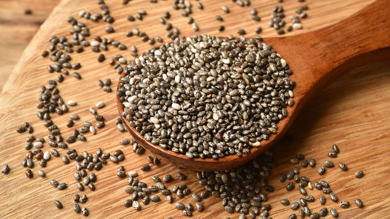 chia seeds on wooden spoon