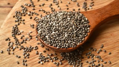 chia seeds on wooden spoon