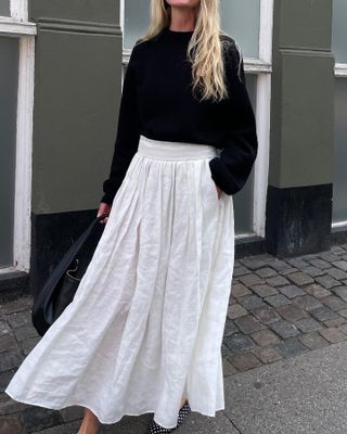 white skirt black top