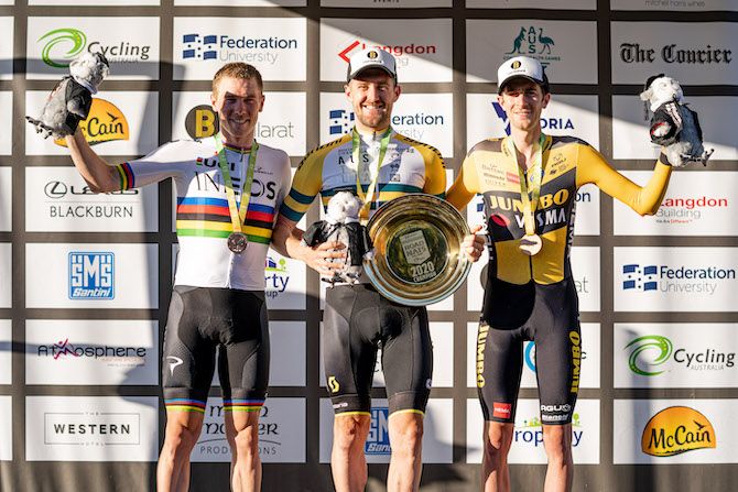 Second-placed Rohan Dennis (Team Ineos), winner Luke Durbridge (Mitchelton-Scott) and third-placed Chris Harper of Jumbo-Visma on the podium following the elite men&#039;s time trial at the 2020 Australian Road Championships