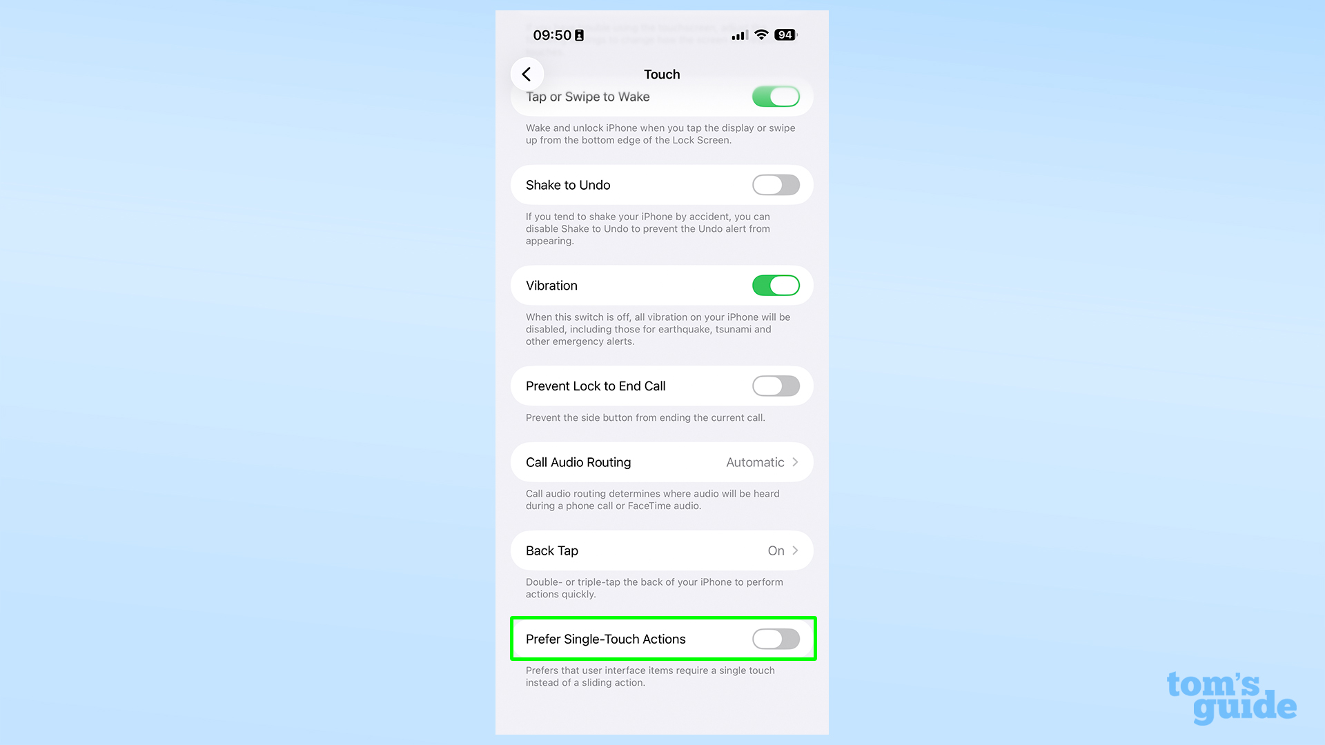 iOS 26.1 Touch accessibility settings, with Prefer Single-Touch Actions toggle highlighted