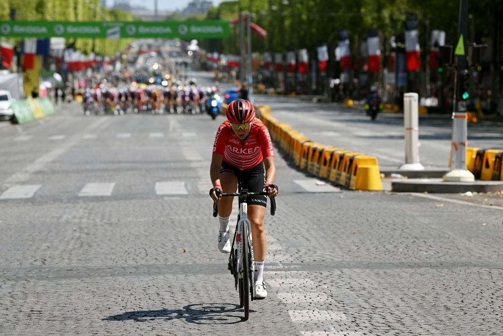 PARIS FRANCE JULY 24 Pauline Allin of France and Arkea Pro Cycling Team competes in the breakaway during the 1st Tour de France Femmes 2022 Stage 1 a 817km stage from Paris Tour Eiffel to Paris Champslyses TDFF UCIWWT on July 24 2022 in Paris France Photo by Dario BelingheriGetty Images