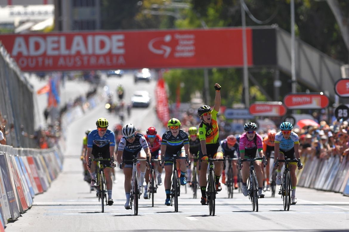 Chloe Hosking (Ale-Cipollini) celebrates victory in Adelaide.