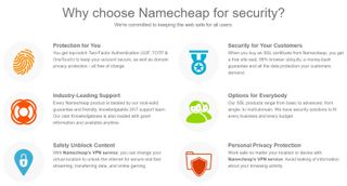 Namecheap's webpage listing its security features