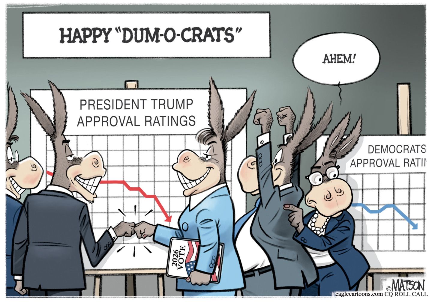 
                                This cartoon is titled Happy “Dum-o-crats”. It depicts a group of male donkeys in suits celebrating next to a chart that shows Donald Trump’s declining approval ratings. Meanwhile, a female donkey taps one of the men on the shoulder and says “Ahem!” to get him to look at a similar declining approval rating chart for Democrats.
                            