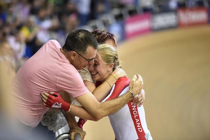 Laura Trott celebrates after winning the points race