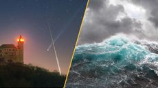 A comet and fireball make an X in the sky next to a castle, and waves heave and foam on a stormy sea.