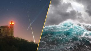 A comet and fireball make an X in the sky next to a castle, and waves heave and foam on a stormy sea.