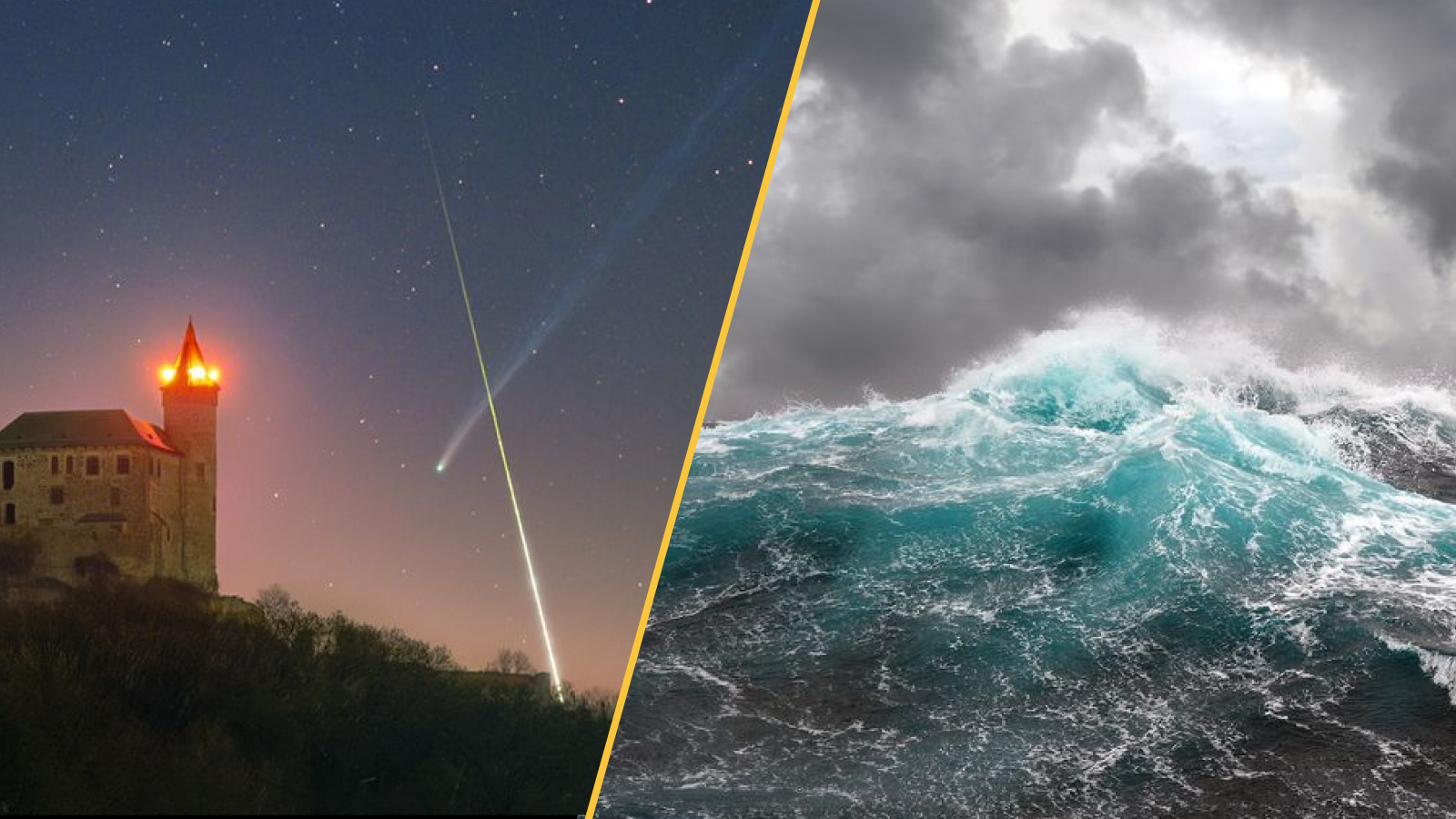 A comet and fireball make an X in the sky next to a castle, and waves heave and foam on a stormy sea.