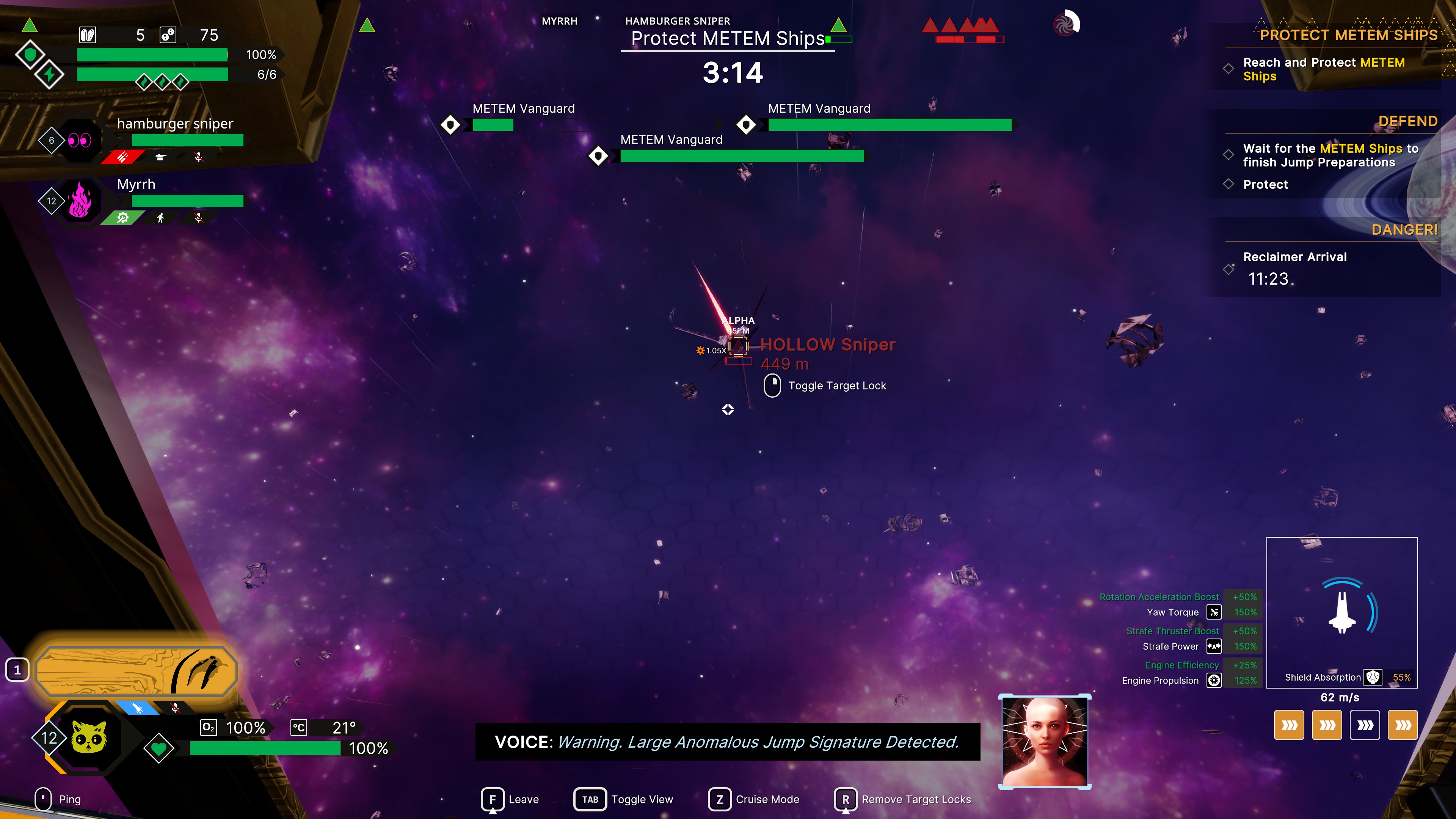 A screen abounds with different UI elements in the middle of a space battle.