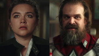 Florence Pugh and David Harbour side by side from Black Widow