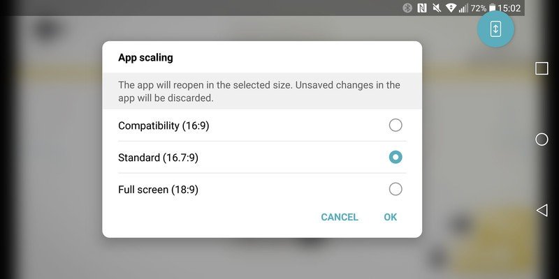 LG G6 app scaling setting in a game