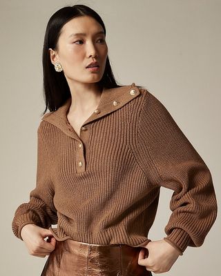 Ribbed Cotton Turtleneck Sweater With Buttons