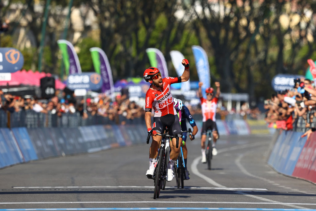 NAPOLI ITALY MAY 14 Thomas De Gendt of Belgium and Team Lotto Soudal celebrates winning ahead of Davide Gabburo of Italy and Team Bardiani CSF Faizane and Jorge Arcas Pea of Spain and Movistar Team during the 105th Giro dItalia 2022 Stage 8 a 153km stage from Napoli to Napoli Giro WorldTour on May 14 2022 in Napoli Italy Photo by Michael SteeleGetty Images
